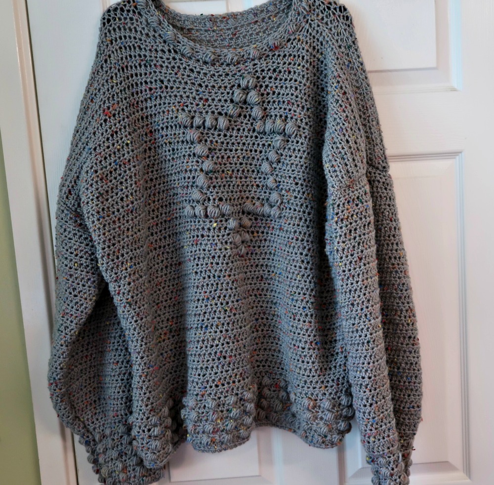crochet jumper, grey flecked wool with bobble pattern