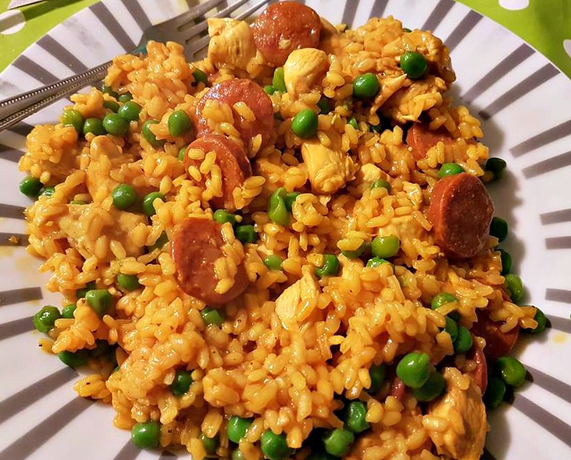 chicken and chorizo paella on a plate