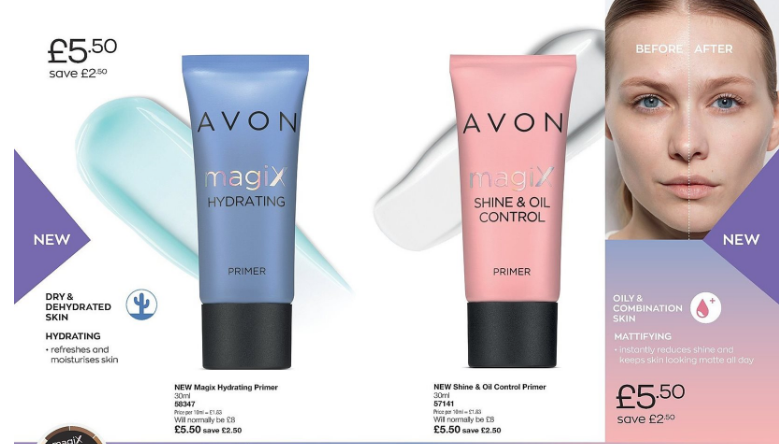 Picture shows a blue tube of Avon Magix hydrating, and a pink tube of Avon Magix shine & oil control. At the right side of the picture is a woman's face.