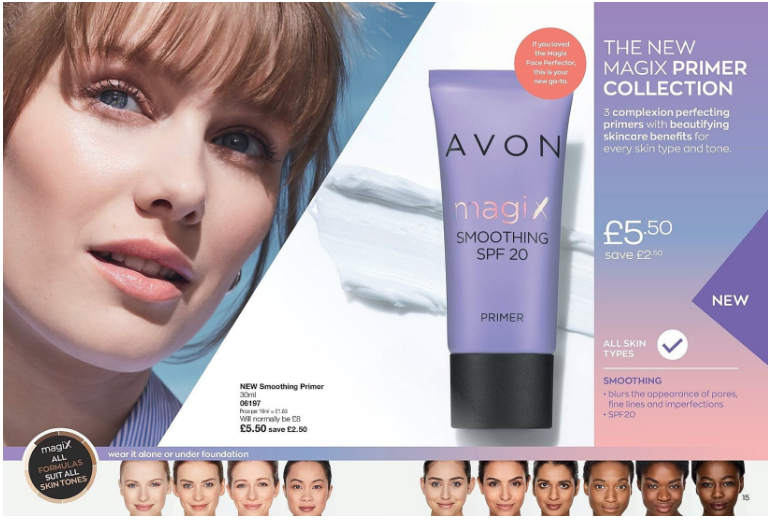 Picture shows a womans face and a purple tube of Avon Magix Primer, along the bottom is a line of women with different coloured faces. 