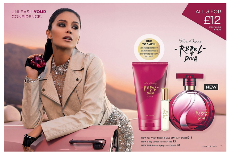 picture shows a glamorous woman holding a bottle of Avon perfume while leaning out of  a pink car, there is also a bottle of perfume , body lotion and purse spray next to her. Avon August.