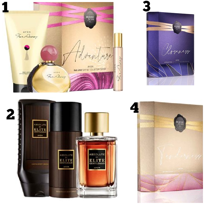 a collage of scents from avon listed below.