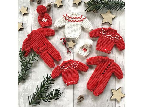 Christmas crochet, set of tiny red jumpers and romper suits.