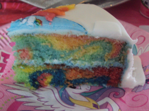 Slice of the cake showing all the colours inside