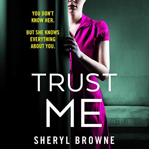 book cover, Trust Me, Sheryl Brown. A Woman in a purple dress hiding behind a curtain.