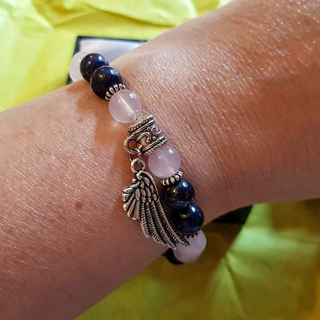 crystal bracelet with lapis lazuli and rose quartz crystal beads.