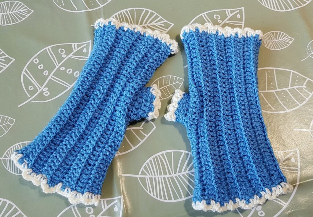 blue fingerless mittens