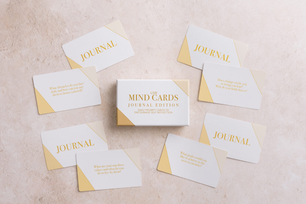 Mind Cards Journal prompts. A pack of cards with some spread around and the lidded box.