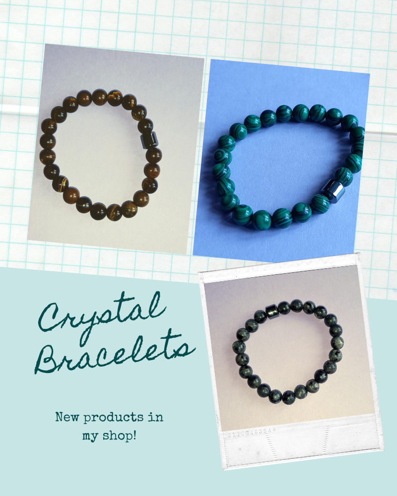 crystal bracelets on sale in my shop, top left is Tigers eye bracelet, top right is malachite and bottom left is labradorite.