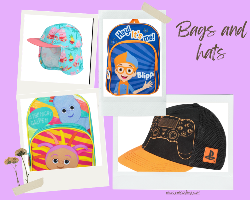 bags and hats, two children's hats and two backpacks