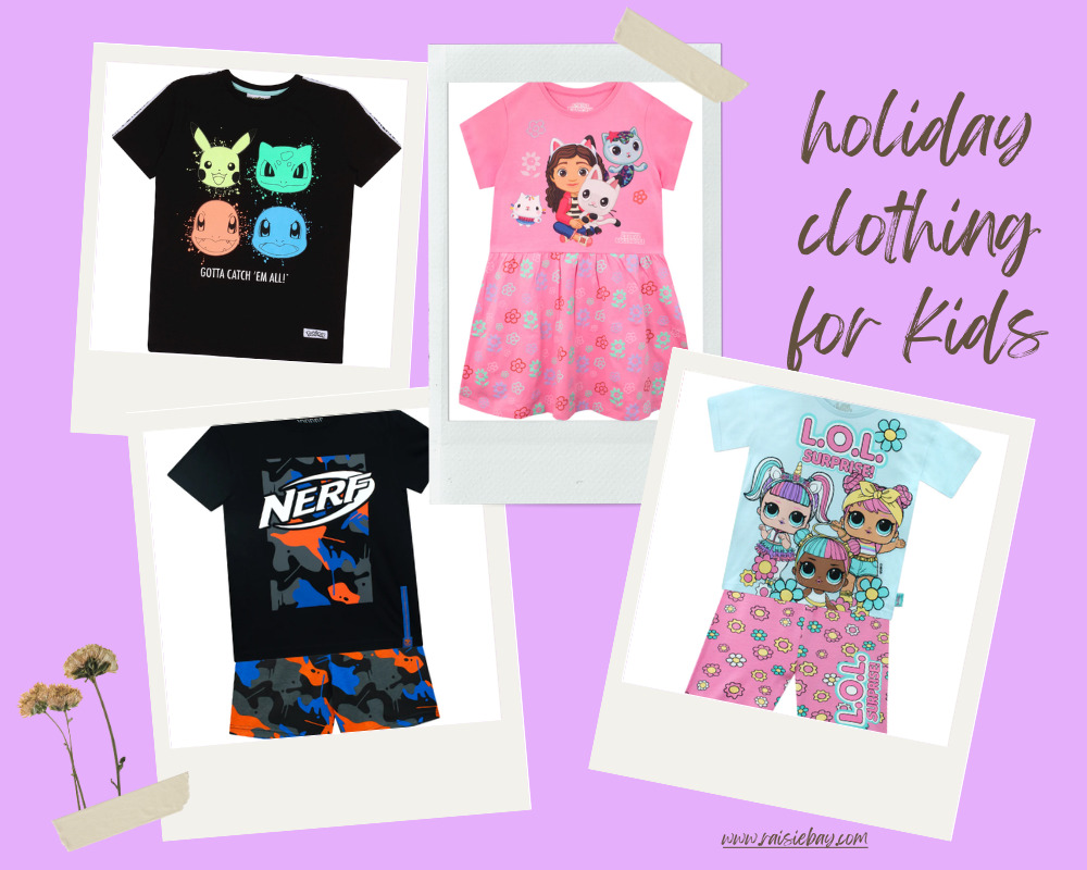 holiday clothing for kids, t-shirt, dress and two short sets