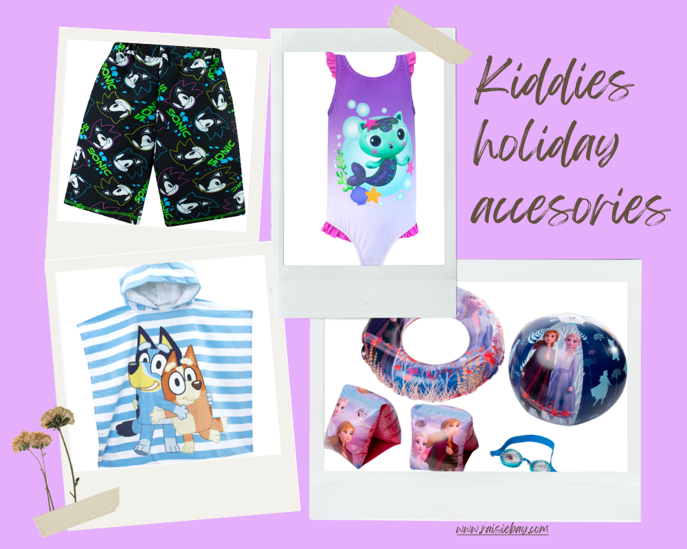 kiddies holiday clothing and accessories, shorts, swim suit, towel and swim accessories