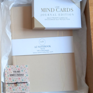 notebook gift box with Mind Cards Journal Edition and a Wish Strings bracelet