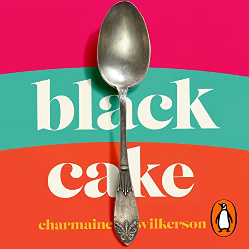 Book Cover Black Cake a pink, green and orange cover with a realistic spoon.