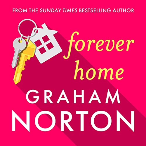 Forever home book cover, by Graham Norton. Ret background, keys with a house shaped key ring. 