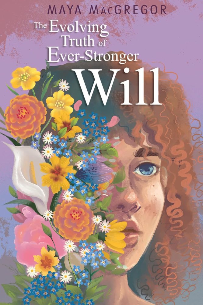 Book cover showing the half a face of a young person with curly hair and blue eyes and the other half of the face is covered with flowers.