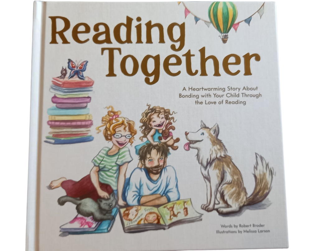 Reading Together bookcover, picture of a family and their dog and a pile of books. 