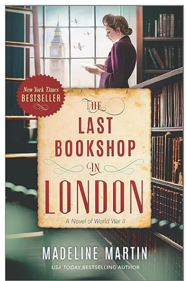 The Last Bookshop in London book cover, a 40s style lady in a bookshop with a window view of Big Ben and passing bomber planes 