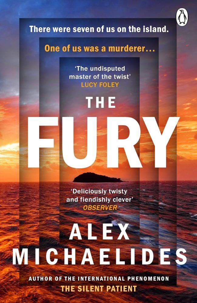 The Fury,  book cover, an island in the sea with a sunset