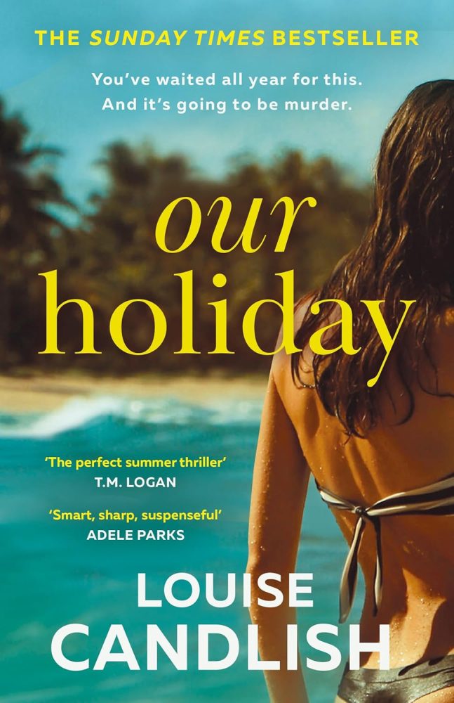 Our Holiday book cover, shows the back of a woman with long brown hair in a black and white bikini with the back drop of the beach and sea front.