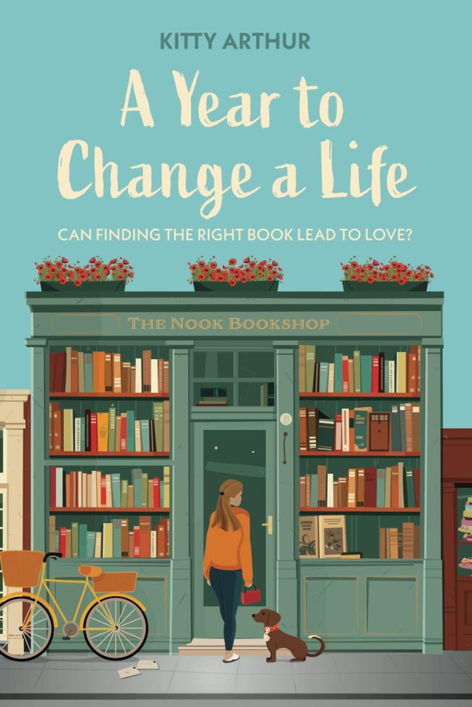 A year to change a life book cover, illustration of a book shop with a young lady entering and her bike and dog outside.