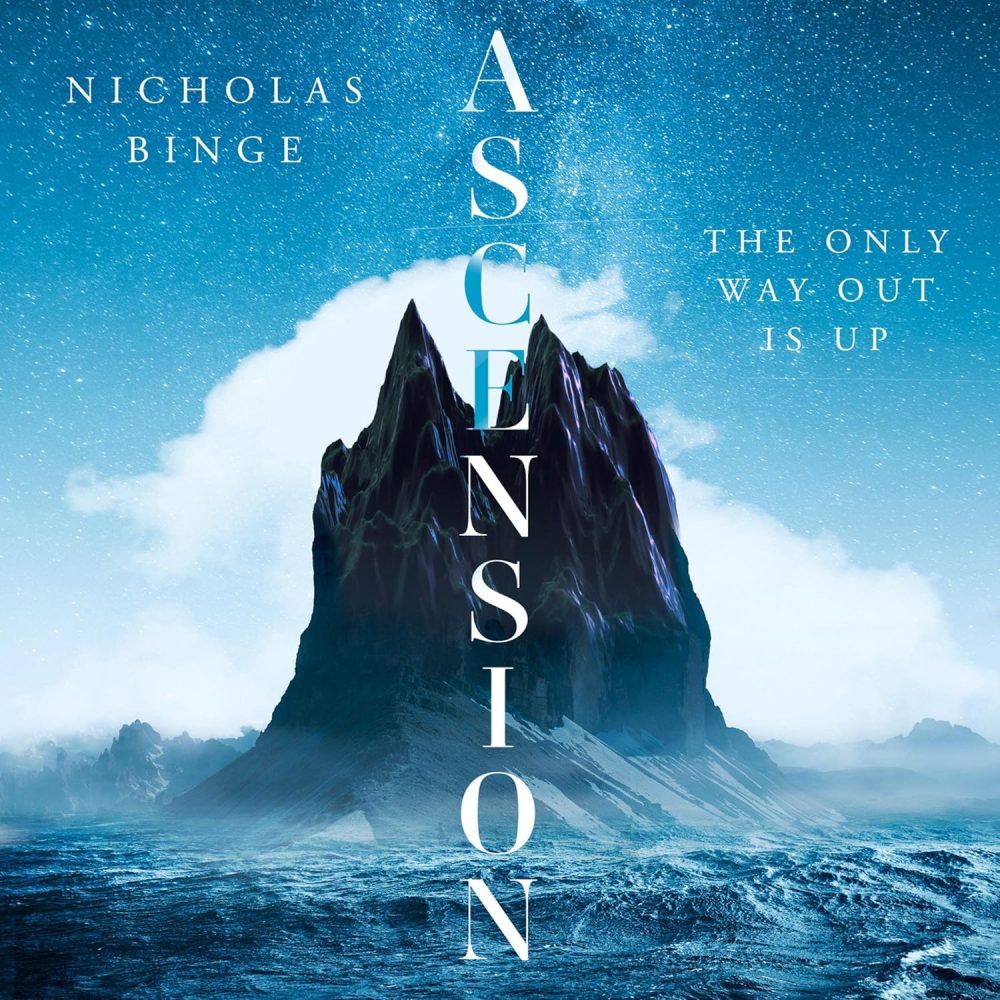 Ascension book cover, a mountain arising from the sea.