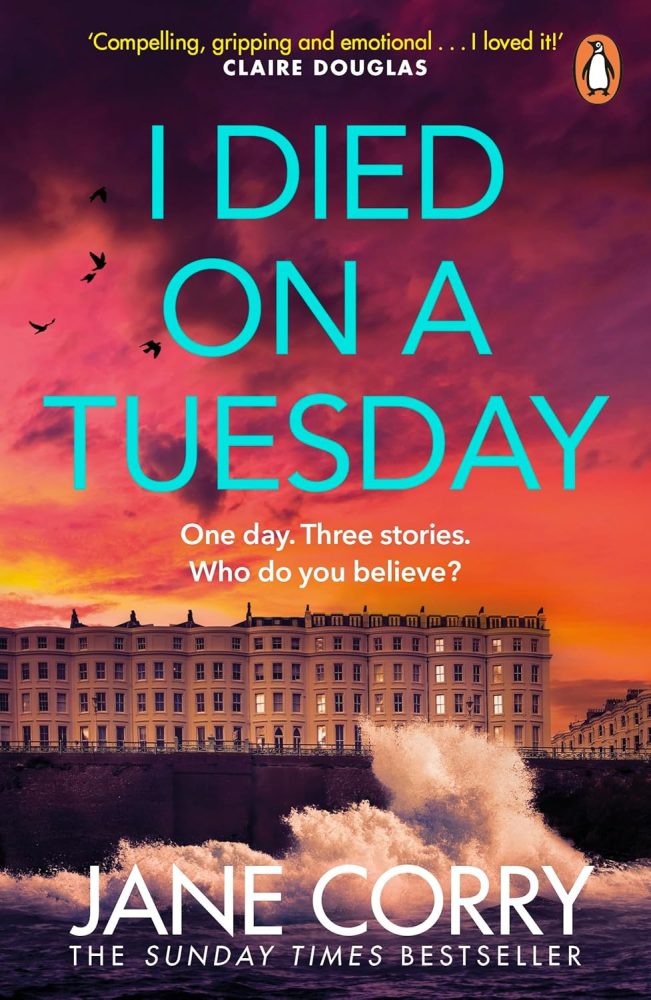 I died on Tuesday, book cover. A sunrise sky above a row of sea front hotels and a raging sea. 