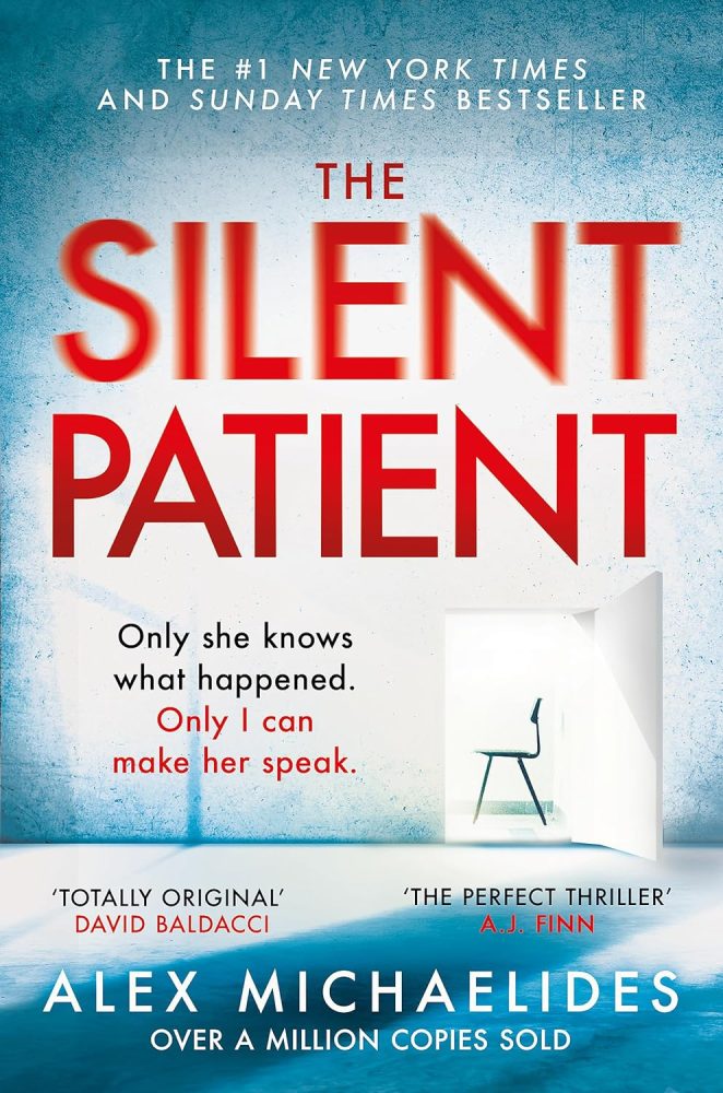 The Silent Patient book cover. Blue room with an open door showing a single chair