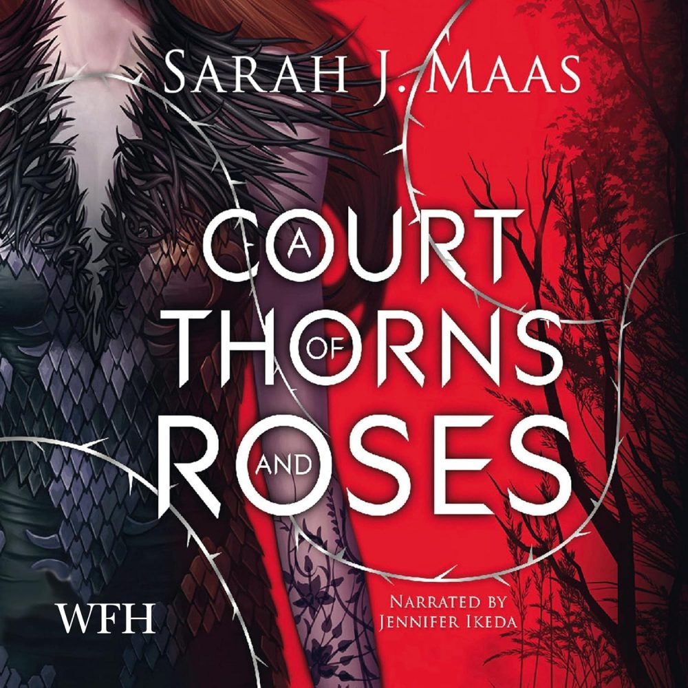 Book cover, A Court of Thorns and Roses. Dark red background with a half body picture of a tattooed woman in black.