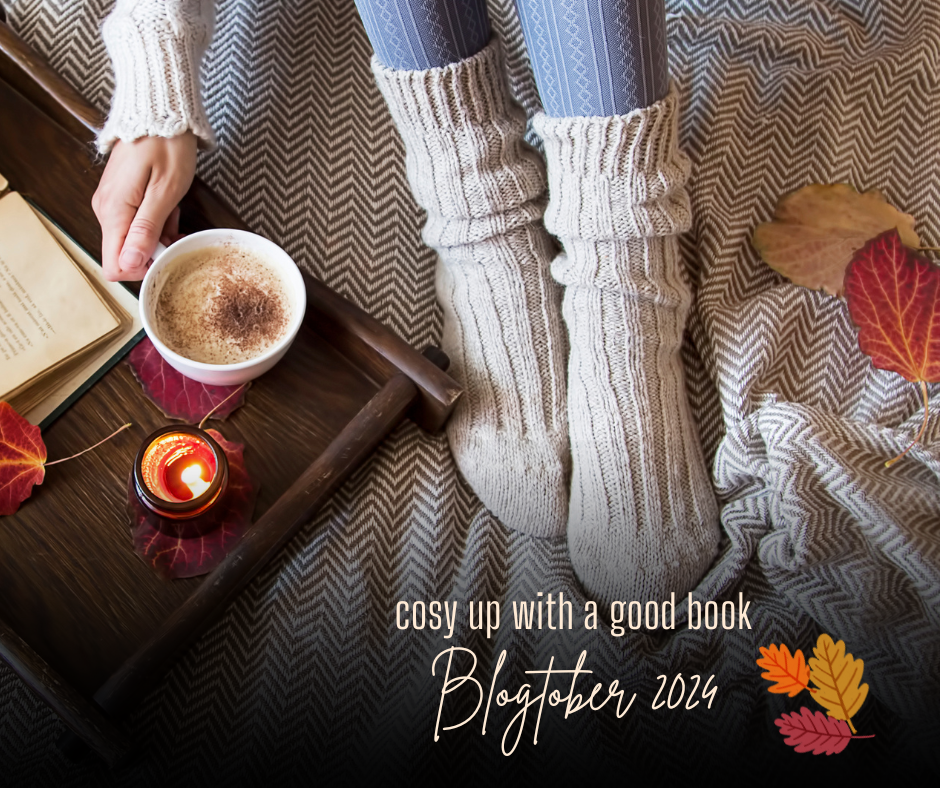 October reads, blogtober. Cosy socks, hot chocolate and autumn leaves.