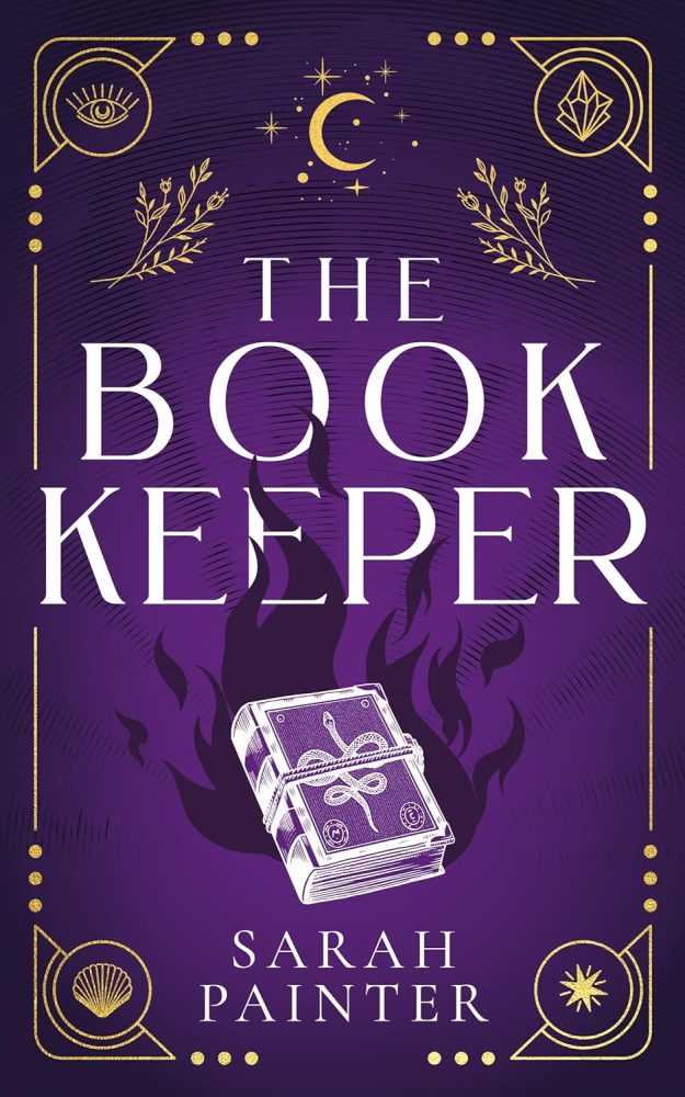 The book keeper, a dark purple book covver with gold magical symbols and a white magical book which appears to be on fire