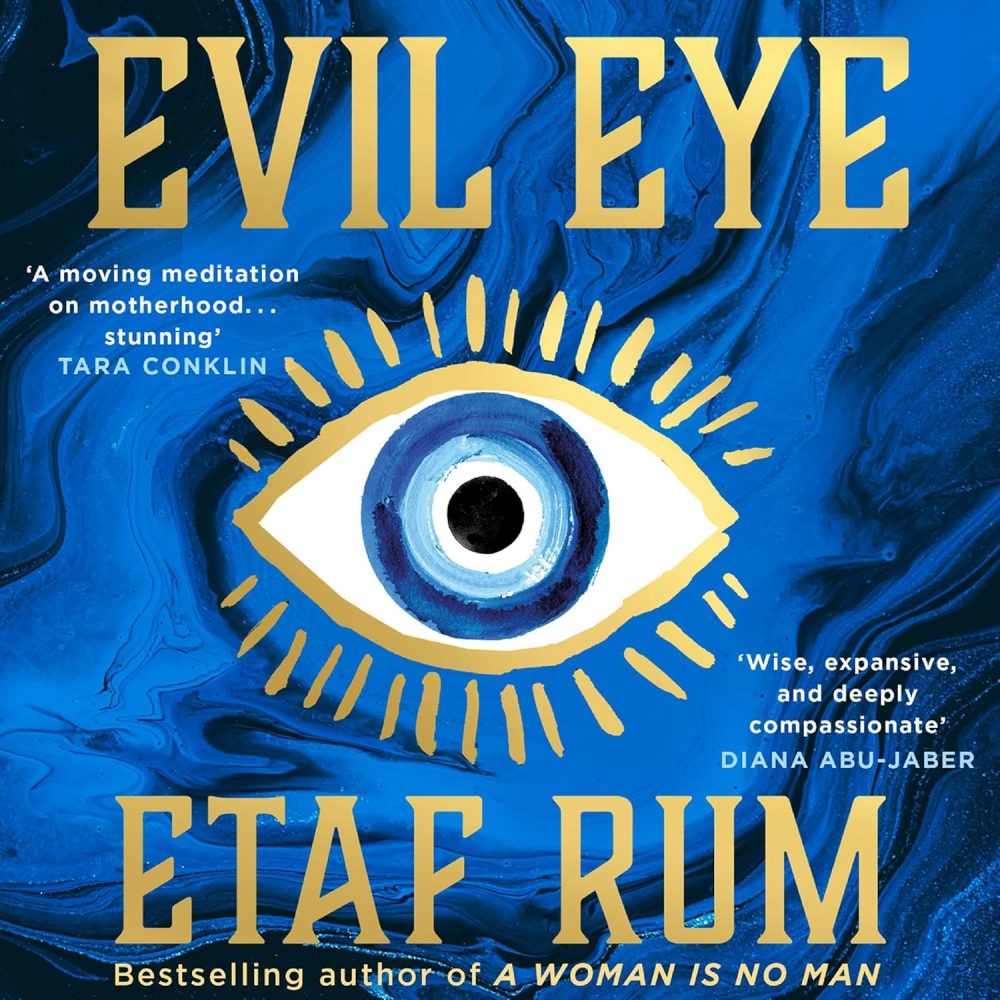 Evil Eye book cover. A blue marbled background with a blue eye with gold rim and gold eyelashes. 