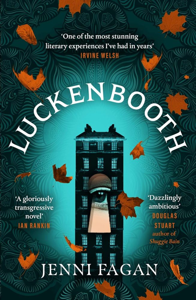 luckenbooth, book cover, showing a high tower building with a keyhole and an eye looking through.