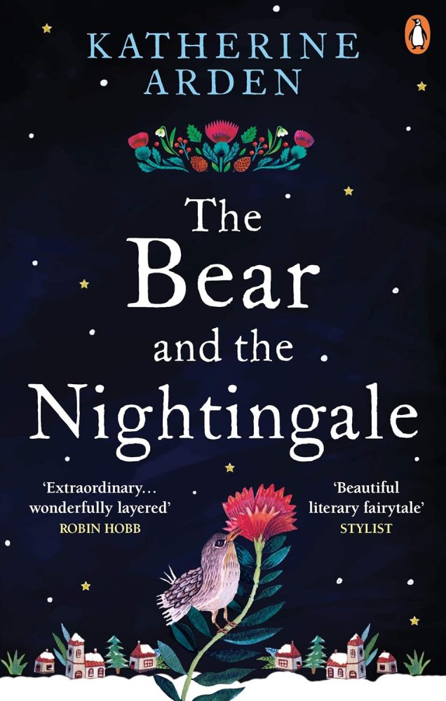 The bear and the nightingale book cover, black cover with a flower and a bird.