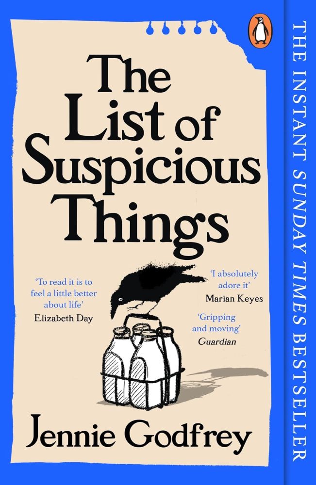 The List of Suspicious things book cover. A drawing of four milk bottles with a bird pecking the lid.