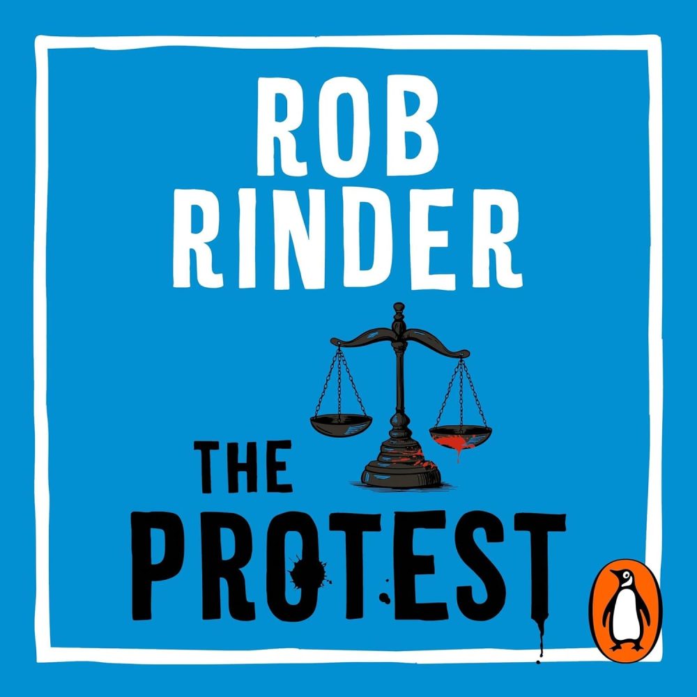 The Protest by Rob Rinder, book cover with black old fashioned scales, one side with blood on.