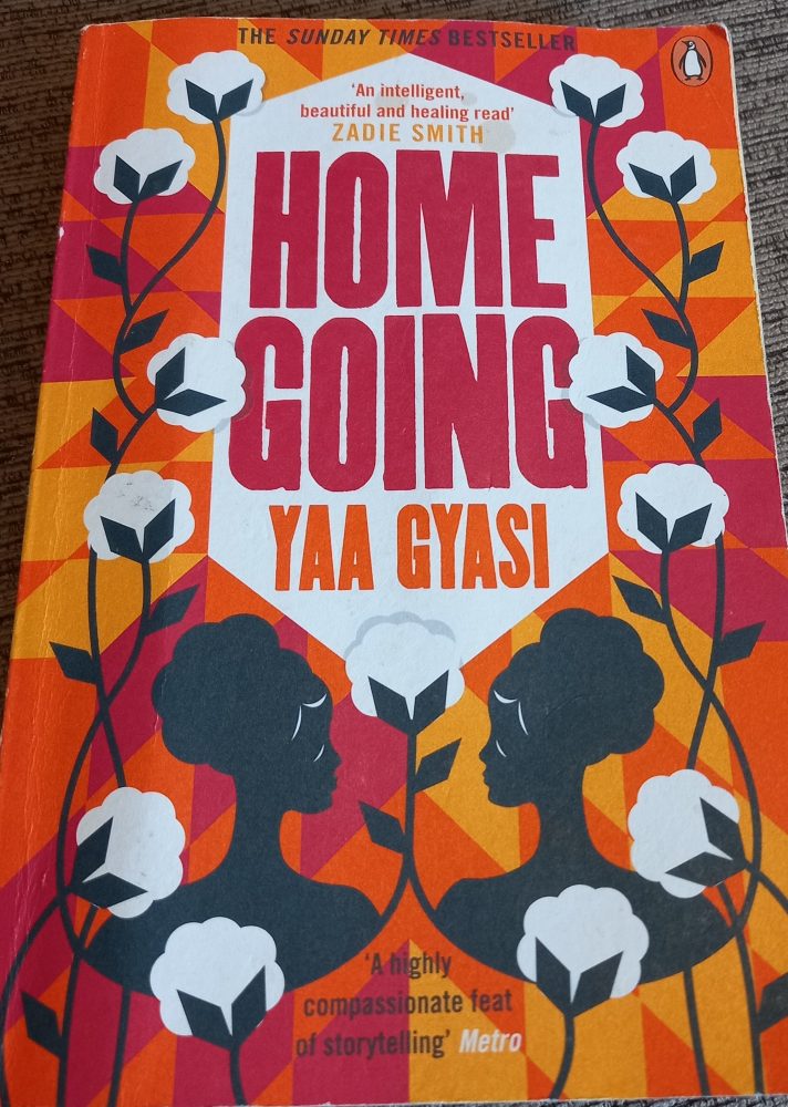 Homegoing by Yaa Gyasi, a red and orange background with black flowers and the images of two black sisters facing each other.