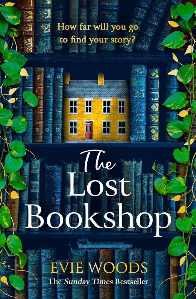 The lost bookshop cover, a bookshelf covered with leaves hiding a yellow bookshop