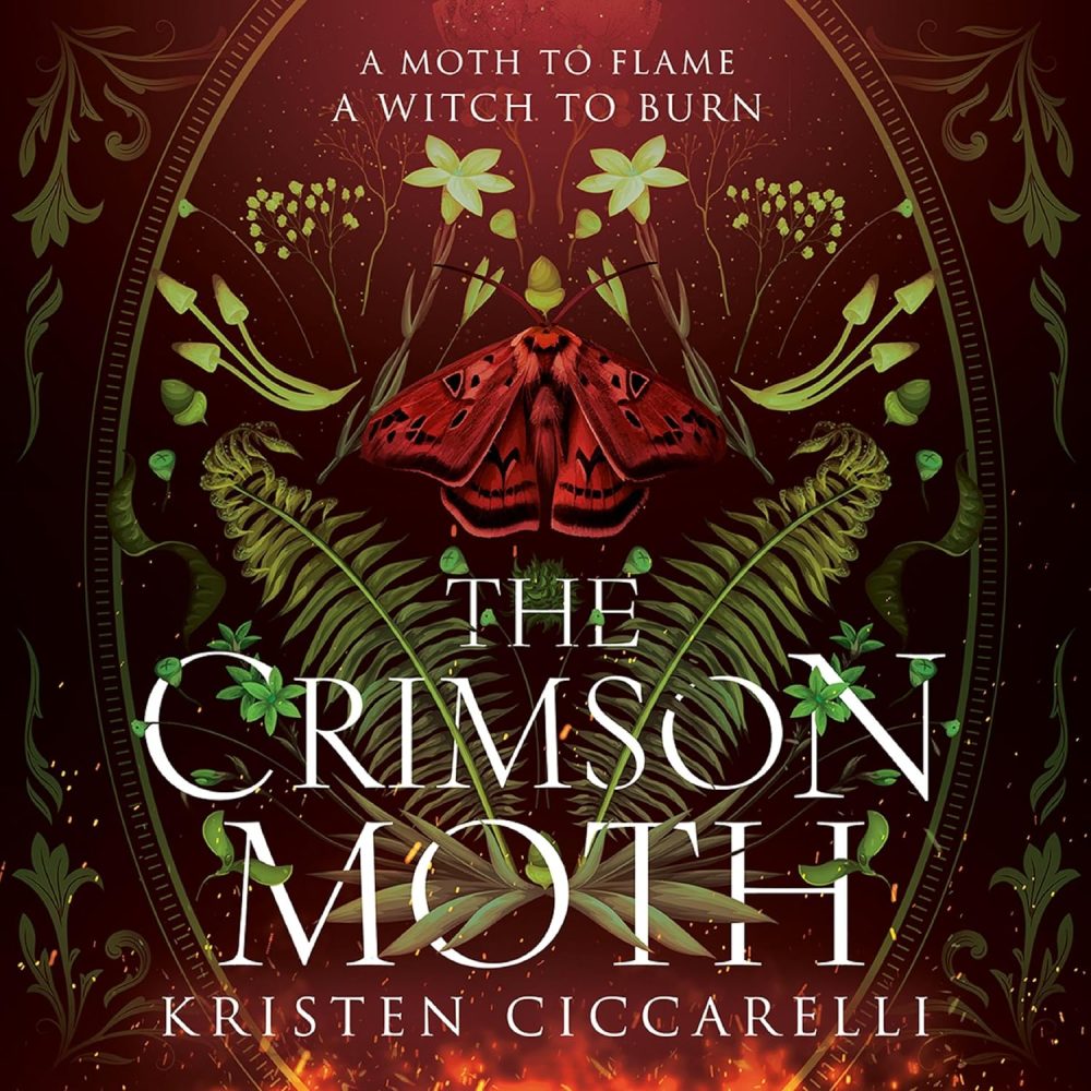 The Crimson Moth book cover, a crimson moth among green leave with flames licking in the background.