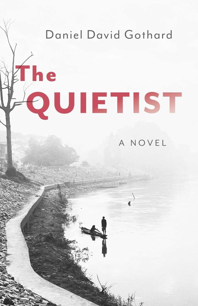 The Quietist A black and white book cover showing two people in a boat on a shallow lake