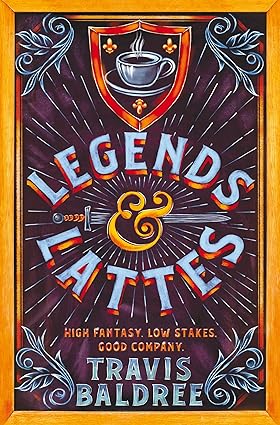 Legends and Lattes bookcover. a coffee cup and sword image which was used as the signage for the coffee shop in the book.