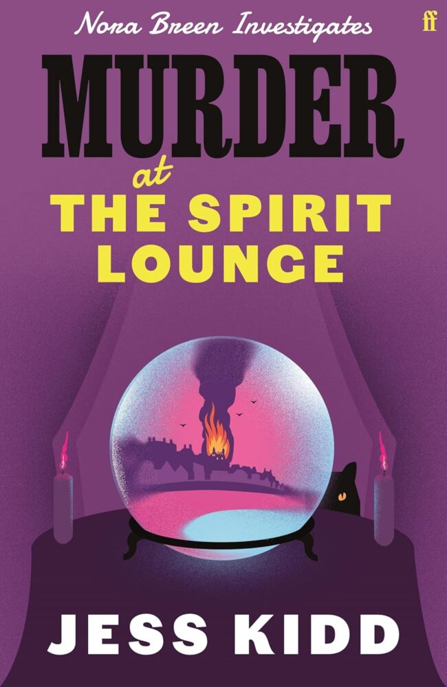 Murder at the Spirit Lounge book cover, purple background with a crystal ball showing a big building on fire