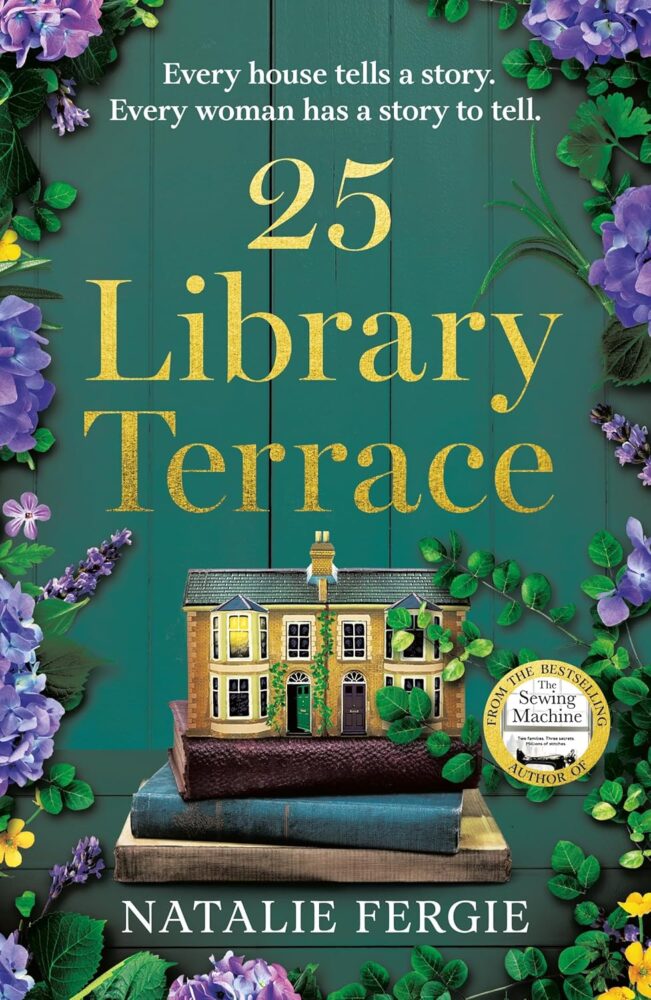 25 library Terrace book cover, a house on books with blue wooden background, edged by purple and yellow flowers. 
