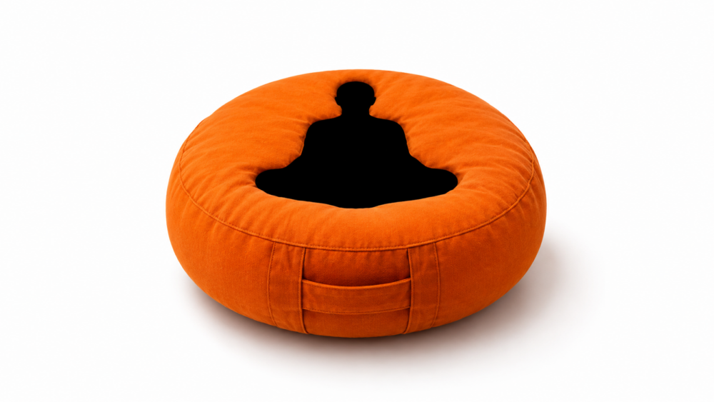 orange cushion with a black inset image of a figure sitting in a mediative pose